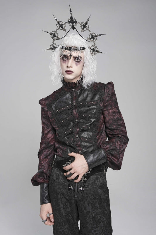 Black/red Stand Collar Long Lantern Sleeves Print Embroidery Gothic Blouse