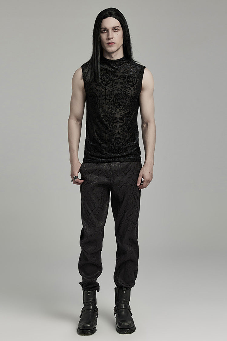 Black Sleeveless Beaded Cross Flocking Print Gothic Tank Top
