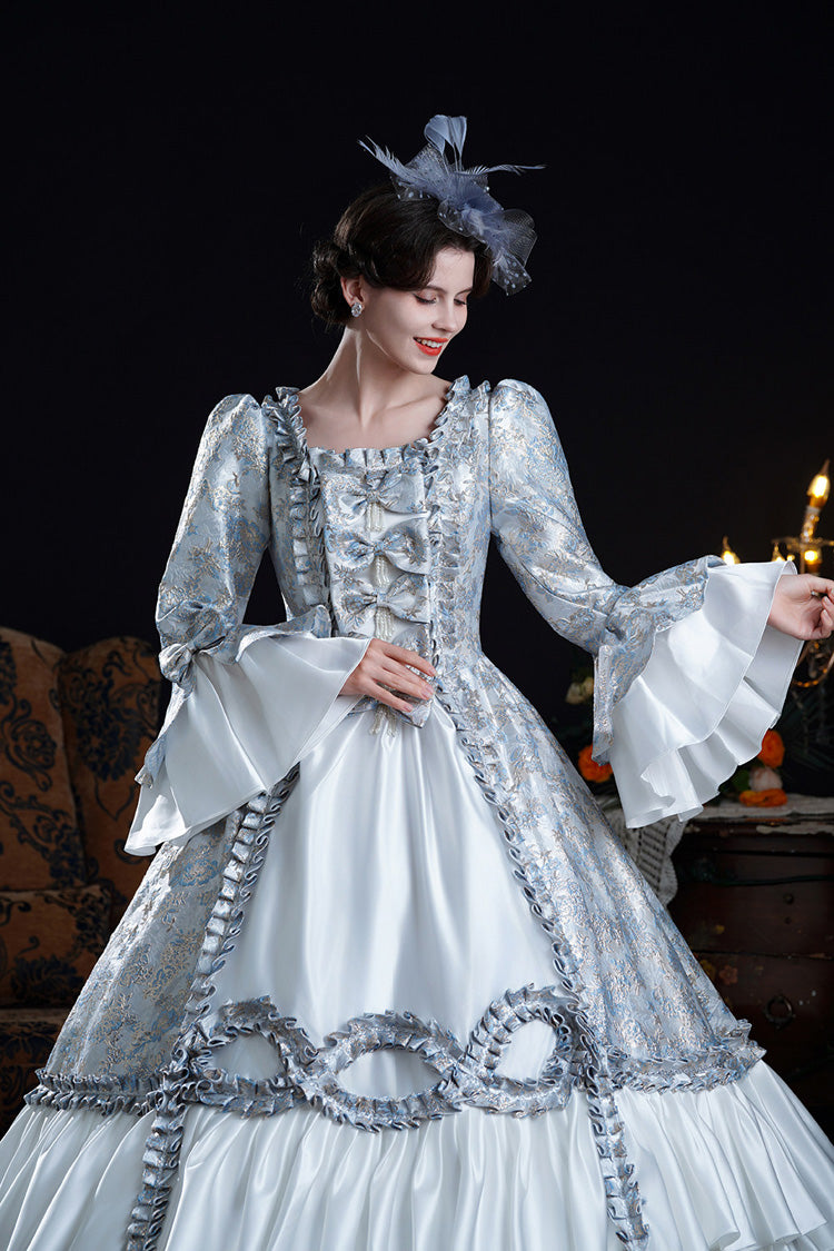 Blue Square Collar Long Trumpet Sleeves Double-layered Ruffled Embroidered Open-front Bow Classic Palace Lolita Victorian Dress
