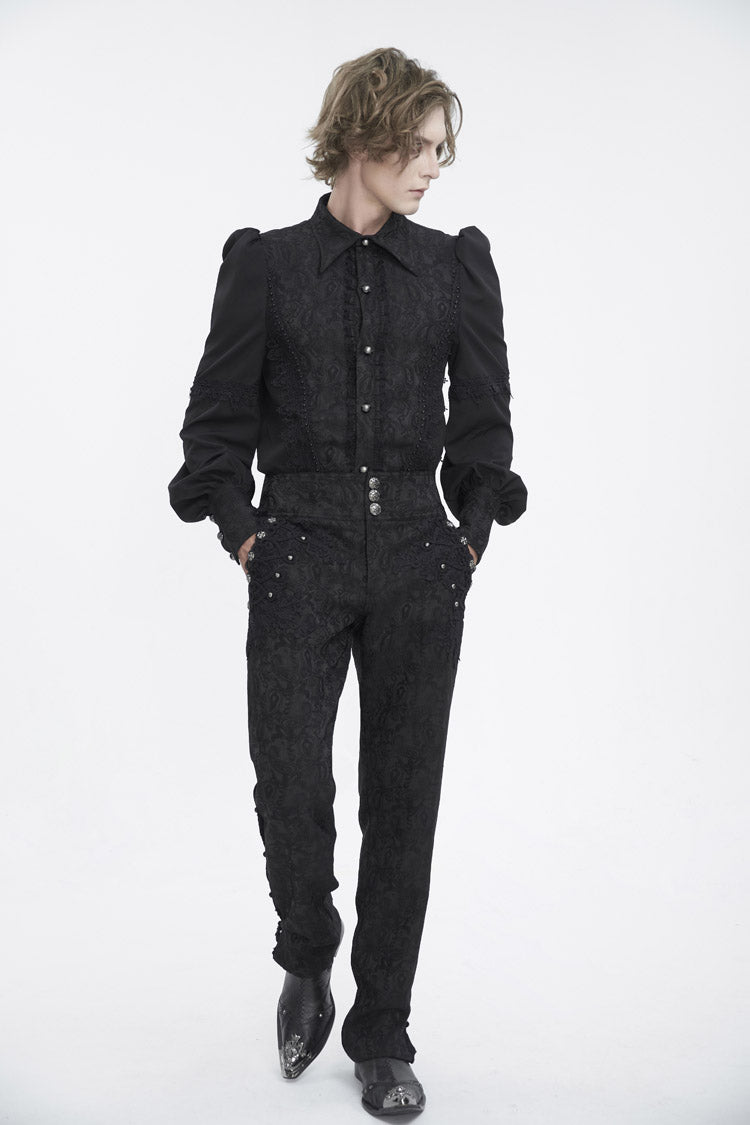 Black Lapel Collar Lantern Sleeves Jacquard Embroidery Gothic Blouse