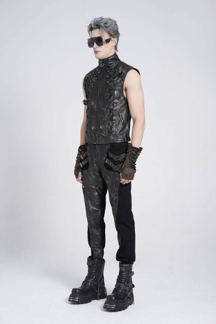 Black Stand Collar Sleeveless Strappy Stitching Zipper Gothic Vest