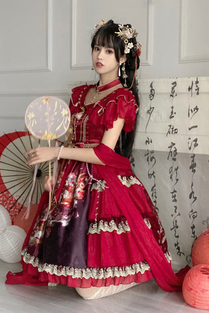 Round Collar Ruffled Short Sleeves Print High Waist Classic Lolita Dress