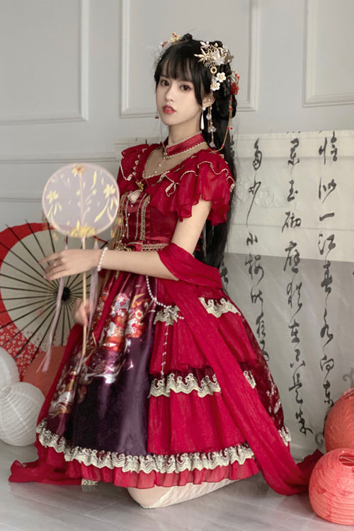 Round Collar Ruffled Short Sleeves Print High Waist Classic Lolita Dress