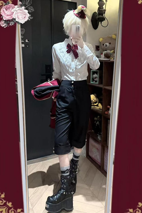[pre-order Deadline: May 8] White Lace Ruffle High Collar Prince Shirt + Black Tailored Bermuda Shorts