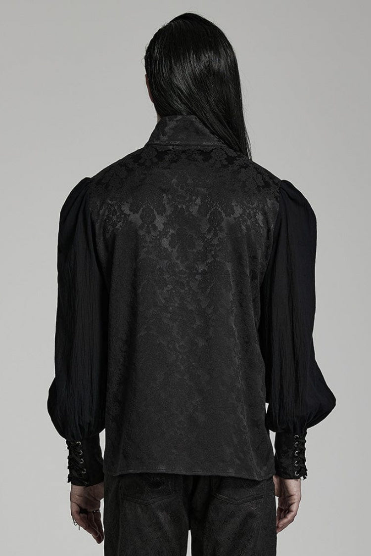 Black Stand Collar Long Puff Sleeves Jacquard Print Lace Gothic Blouse