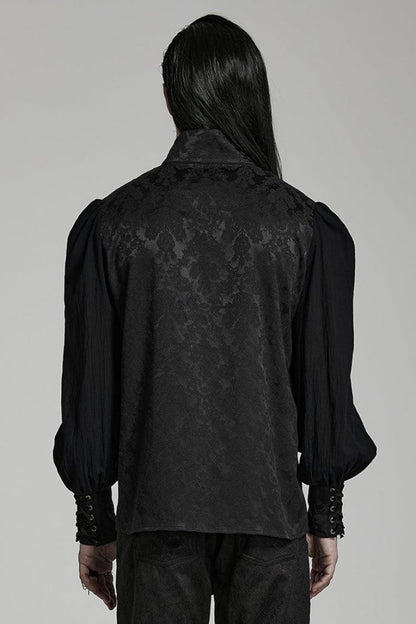 Black Stand Collar Long Puff Sleeves Jacquard Print Lace Gothic Blouse