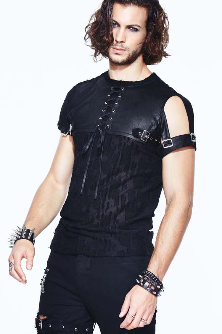 Black Leather Loop Sleeve Irregular Jacquard Knitted Chest Lace Up Removable Punk Shirt
