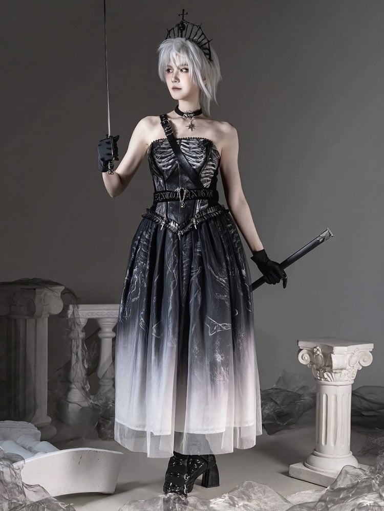 [pre-order Deadline: June 8] Phantom Knight Dark Gothic Skeleton Bustier Corset Top (with Cross Straps + Waist Belt)