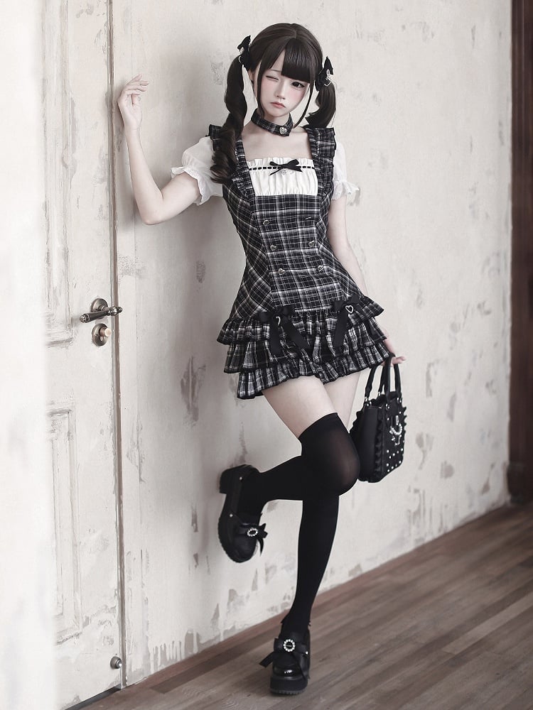 [pre-order Deadline: April 29] Black Check Ruffle Ribbon Puff Sleeve Mini Dress Set + Choker