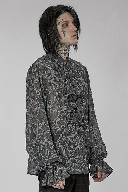 Gray Punk Chiffon Ruffle Stand Collar Wide Brimmed Lantern Sleeves Retro Relief Sculpture Embossing Shirt