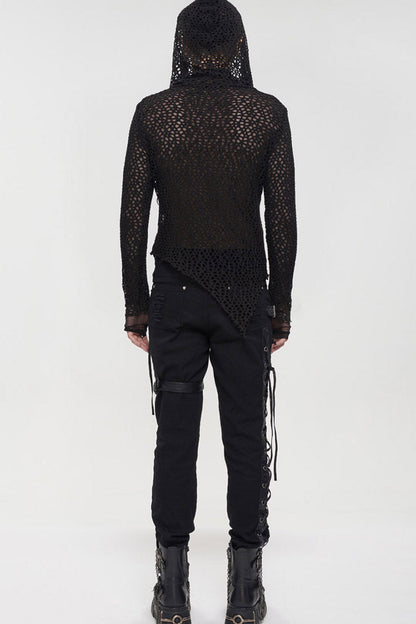 Black Punk Long Sleeve Elasticity Big Hole Mesh Drawstring Design Irregular Hooded Shirt