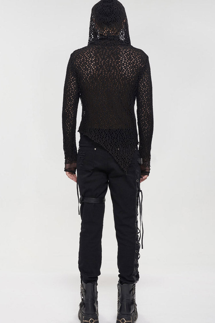 Black Punk Long Sleeve Elasticity Big Hole Mesh Drawstring Design Irregular Hooded Shirt