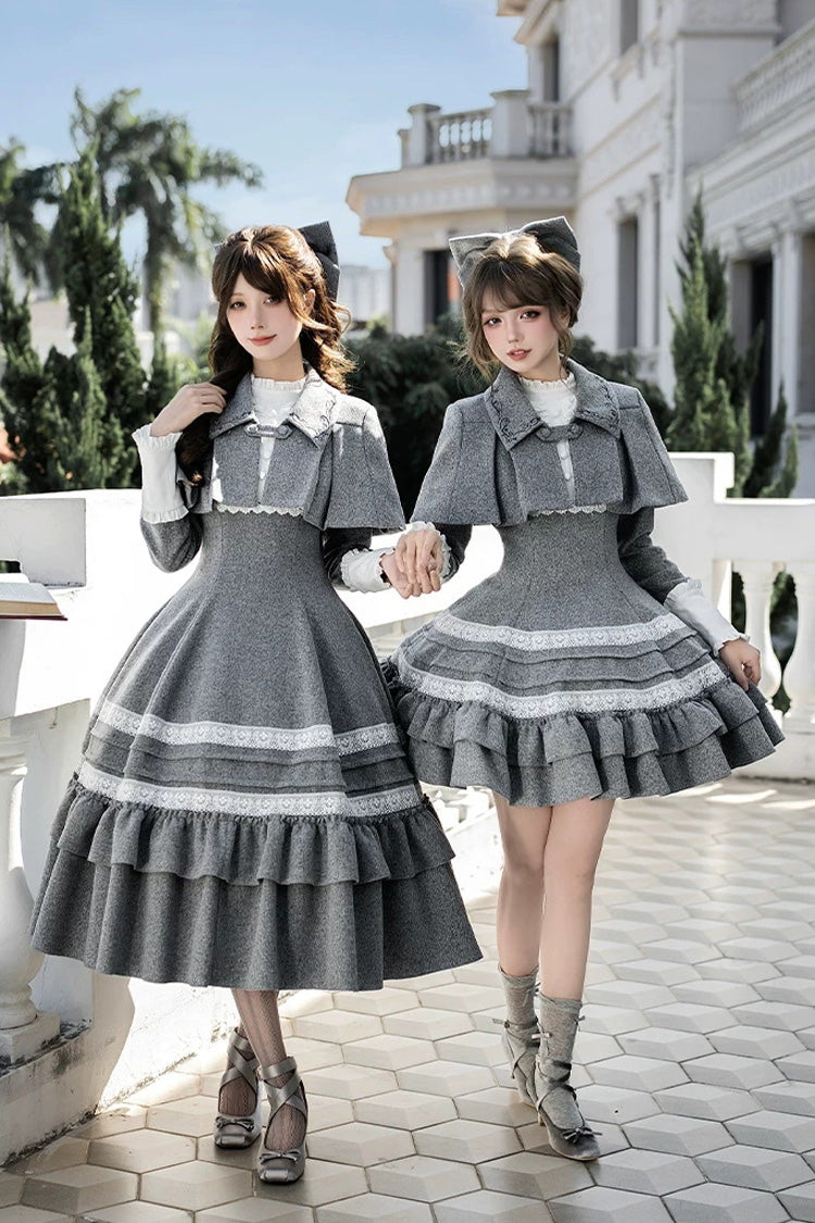 Grey [letters and Poems · Old Memories] Stand Collar Long Sleeves Double-layered Ruffled Bow Classic Lolita Dress 2 Versions