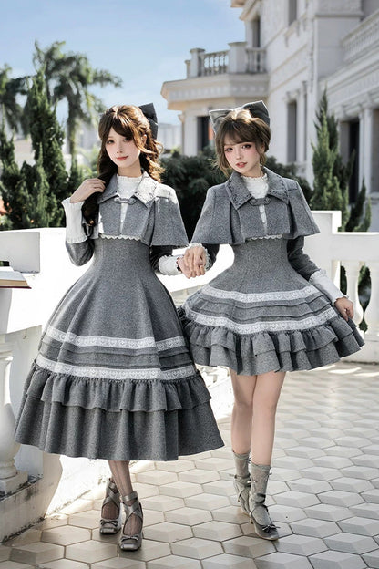 Grey [letters and Poems · Old Memories] Stand Collar Long Sleeves Double-layered Ruffled Bow Classic Lolita Dress 2 Versions