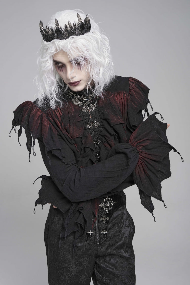 Black/red Stand Collar Long Sleeves Ruffled Gothic Plunging Shirt