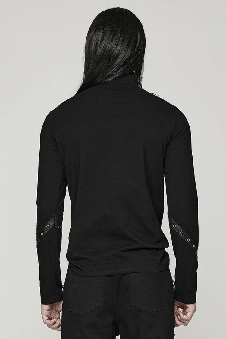 Black Stand Collar Long Sleeves Ripped Metal Chain Steampunk T-shirt