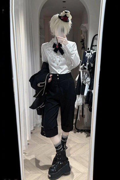 [pre-order Deadline: May 8] White Lace Ruffle High Collar Prince Shirt + Black Tailored Bermuda Shorts