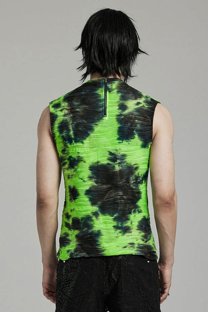 Black/green Stand Collar Sleeveless Tie-dyed Punk Vest