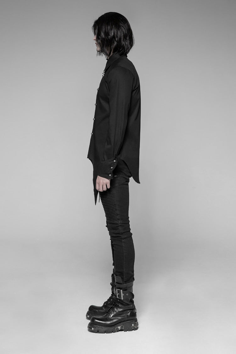 Black Long Sleeve Front Metal Pattern Buckle Sharp Corner Hem Gothic Shirt