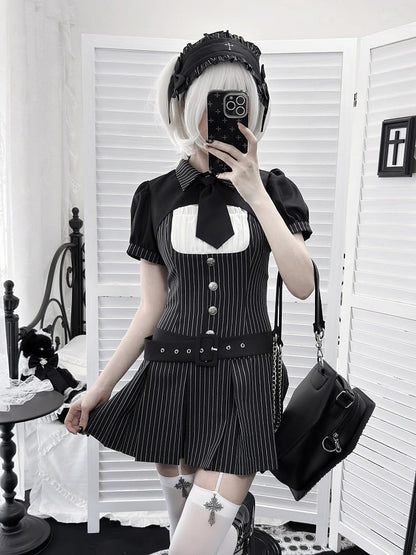 [pre-order Deadline: April 28] Black Pinstripe Tie Collar Short Jacket Dress Full Set + Jewel Casquette