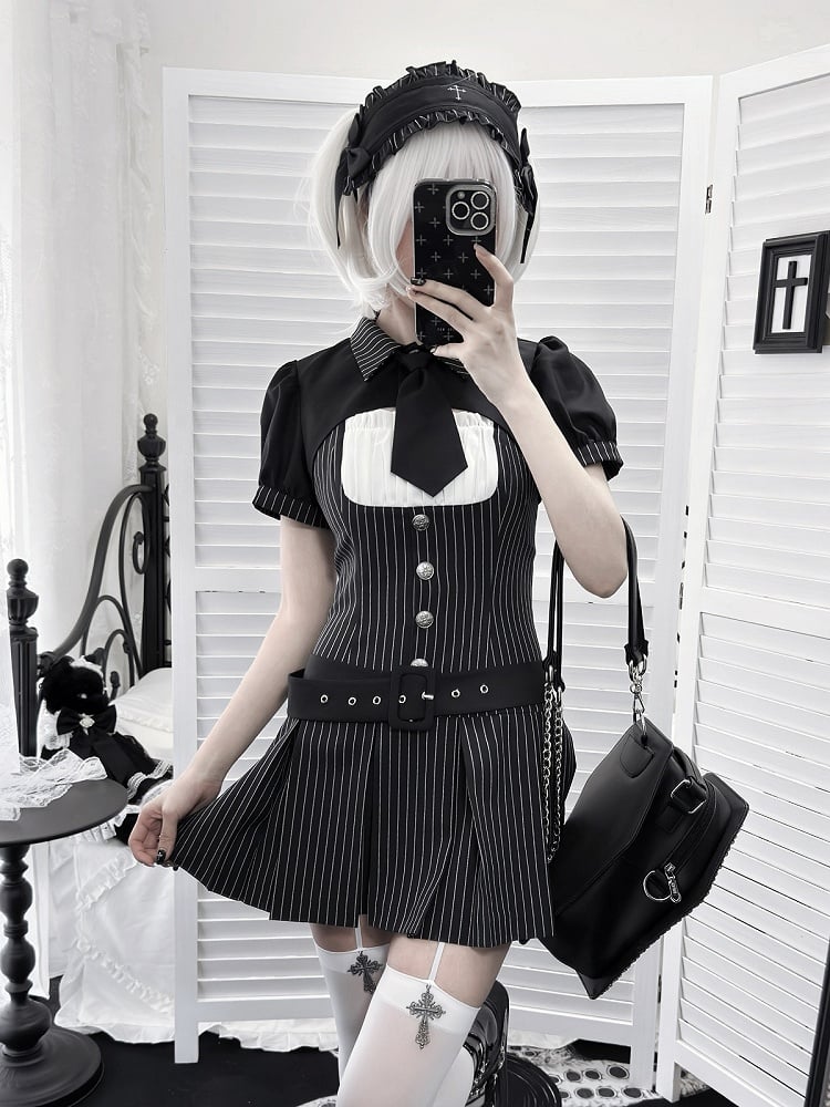 [pre-order Deadline: April 28] Black Pinstripe Tie Collar Short Jacket Dress Full Set + Jewel Casquette