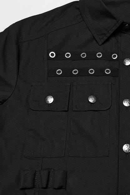 Black Lapel Collar Short Sleeves Pocket Eyelet Punk Blouse