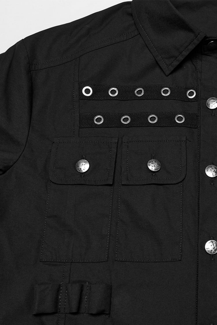 Black Lapel Collar Short Sleeves Pocket Eyelet Punk Blouse
