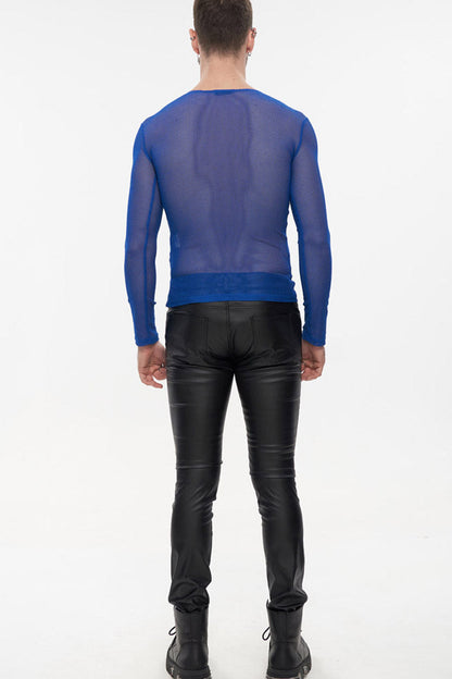 Blue Gothic Elasticity High Neck Long Sleeve Mesh Shirt