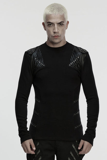 Black Round Collar Long Sleeves Buckled Strappy Pleated Eyelet Punk Top