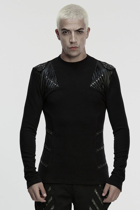 Black Round Collar Long Sleeves Buckled Strappy Pleated Eyelet Punk Top