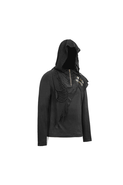 Black Long Sleeves Asymmetric Tatters Strip Leather Metal Loop Hooded Punk T-shirt