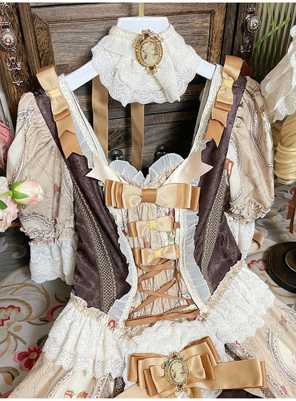 Brown [baker Street Tea Party] Short Sleeves High Waisted Print Ruffle Embroidery Cardigan Bowknot Lace-up Classic Princess Lolita Dress