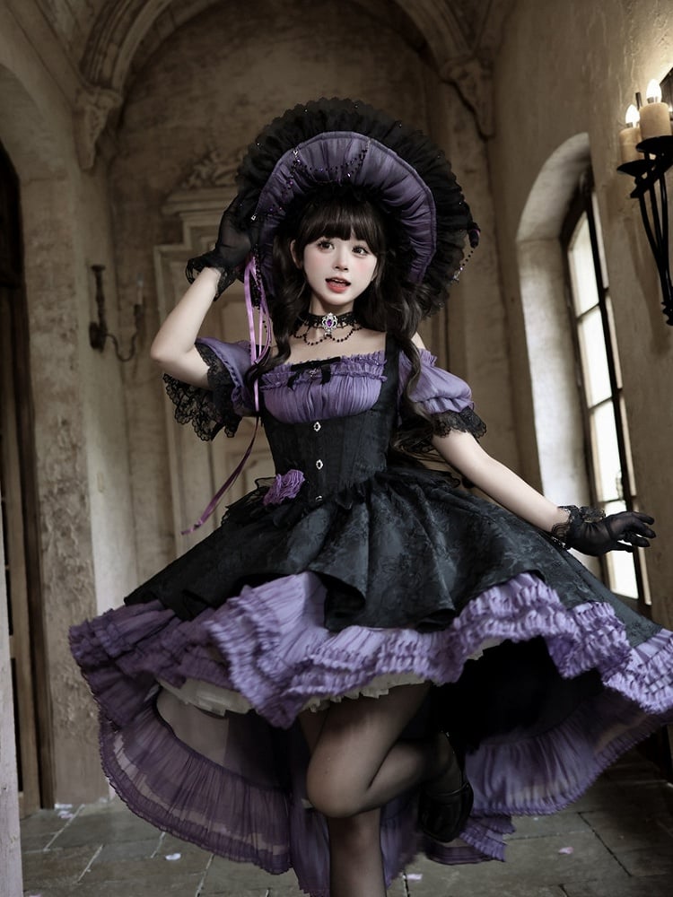 [pre-order Deadline: April 28] Purple X Black Gothic Lolita Corset Layered Jsk Dress + Off-shoulder Lace Puff Top