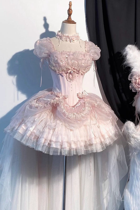 [pre-order Deadline: May 13] Pink Ballet Lolita Lace Ribbon Bustier Corset Top + Pull-up Tulle Tiered Skirt Set + Back Ribbon Train