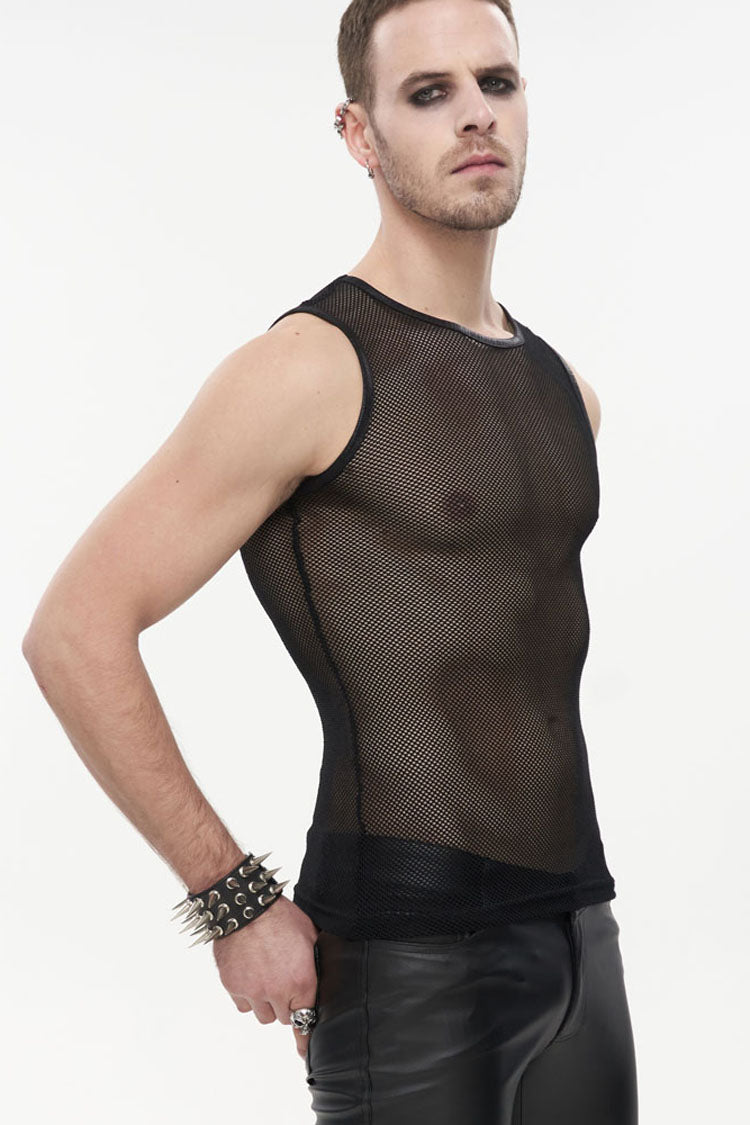 Black Gothic Elasticity Perspective Rhombus Net Yarn Sleeveles T-shirt
