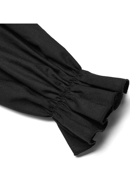 Black Gothic Pure Cotton No Elasticity Neckline Pleats Lace Ruffle Embroidery Tie Rope Design Shirt
