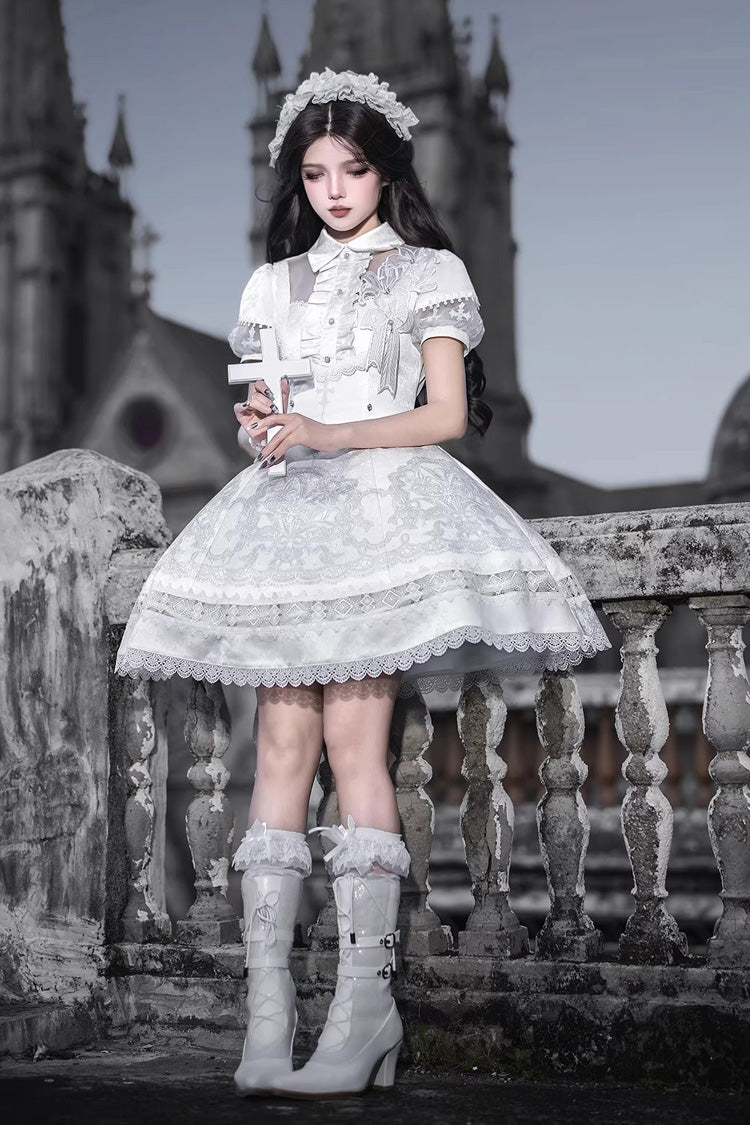 White Lapel Collar Short Sleeves Printed Ruffled Lace Classic Gothic Lolita Dress