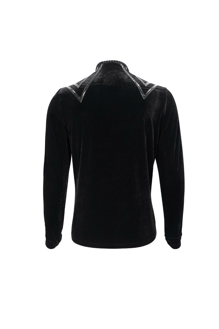 Black Round Collar Long Sleeves Stripes Splice Velvet Gothic Shirt