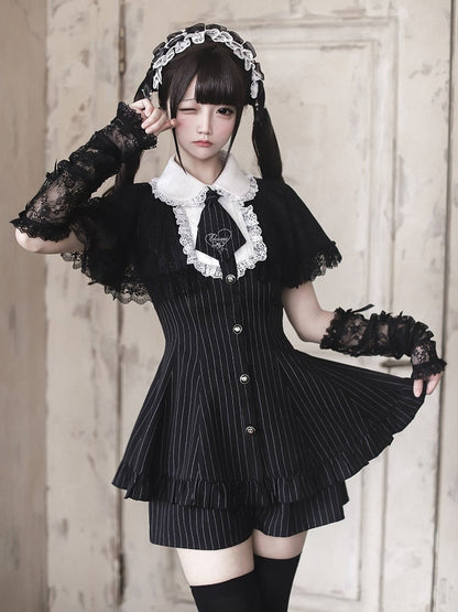 [reservation Deadline: May 15] Black Pinstripe Lace Cape Design Thai Collar Dress Suit Full Set + Accessories