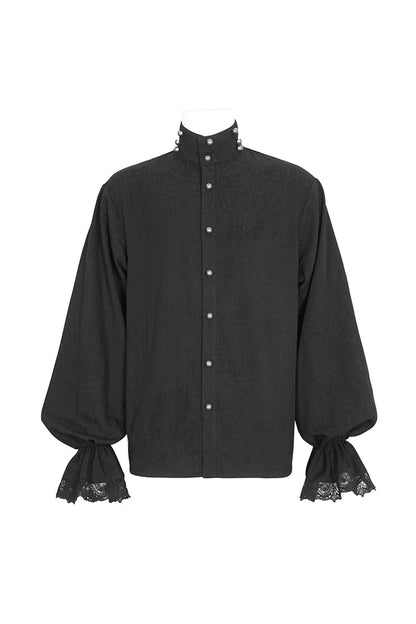 Black Puff Sleeved Stand Collar Gothic Shirt With Necktie
