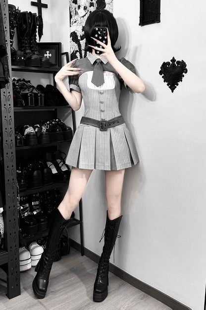 [pre-order Deadline: April 15] Gray Pinstripe Tie Collar Short Jacket Dress Full Set + Jewel Casquette
