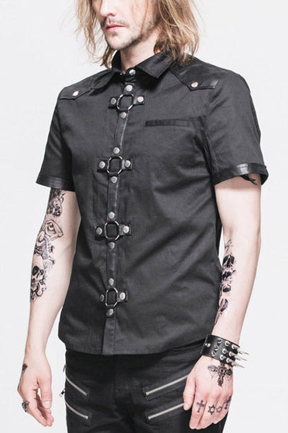Black Locomotive Lapel Collar Short Sleeves Cotton Punk Blouse