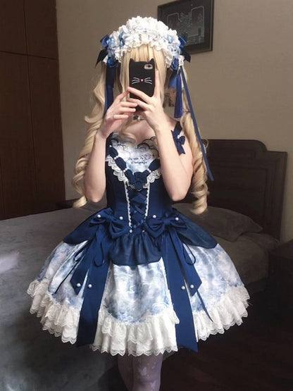 [pre-order Deadline: May 6] Dark Blue Moonlight Sea Lace Ribbon Layered Dress + Accessories