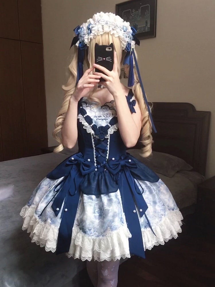 [pre-order Deadline: May 6] Dark Blue Moonlight Sea Lace Ribbon Layered Dress + Accessories