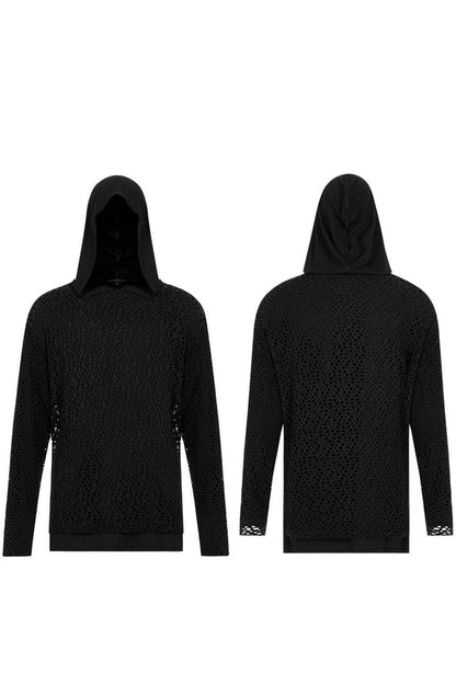 Black Knit Outer Mesh Long Sleeve Inner Hooded Simple Two Piece Punk T-shirt