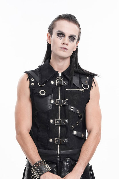 Black Lapel Collar Sleeveless Ripped Buckle Eyelets Gothic Vest