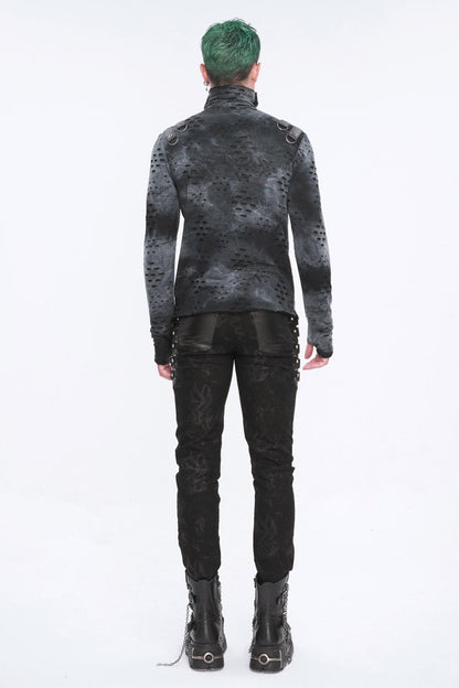 Grey/black Lrregular Ripped Stand Collar Punk Shirt