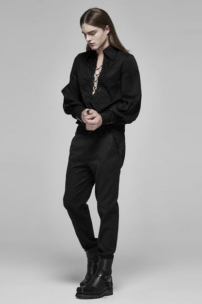Black V Collar Long Puff Sleeves Hollow Lace-up Gothic Blouse