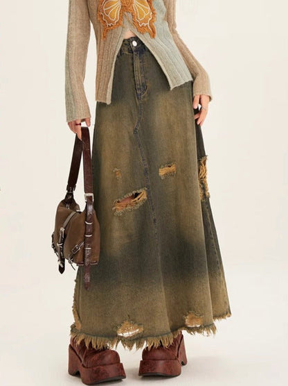 Retro Butterfly Patch Embroidery V-neck Slim Knit + Distressed Denim Long Skirt
