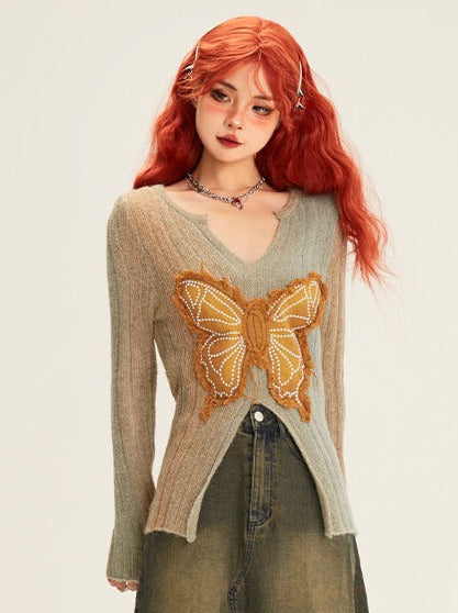 Retro Butterfly Patch Embroidery V-neck Slim Knit + Distressed Denim Long Skirt